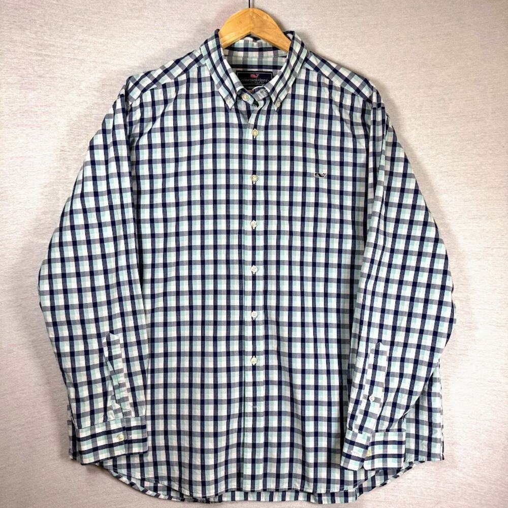 Vineyard Vines Slim Fit Whale Button Down Shirt Navy Teal Check Men's 2XL
